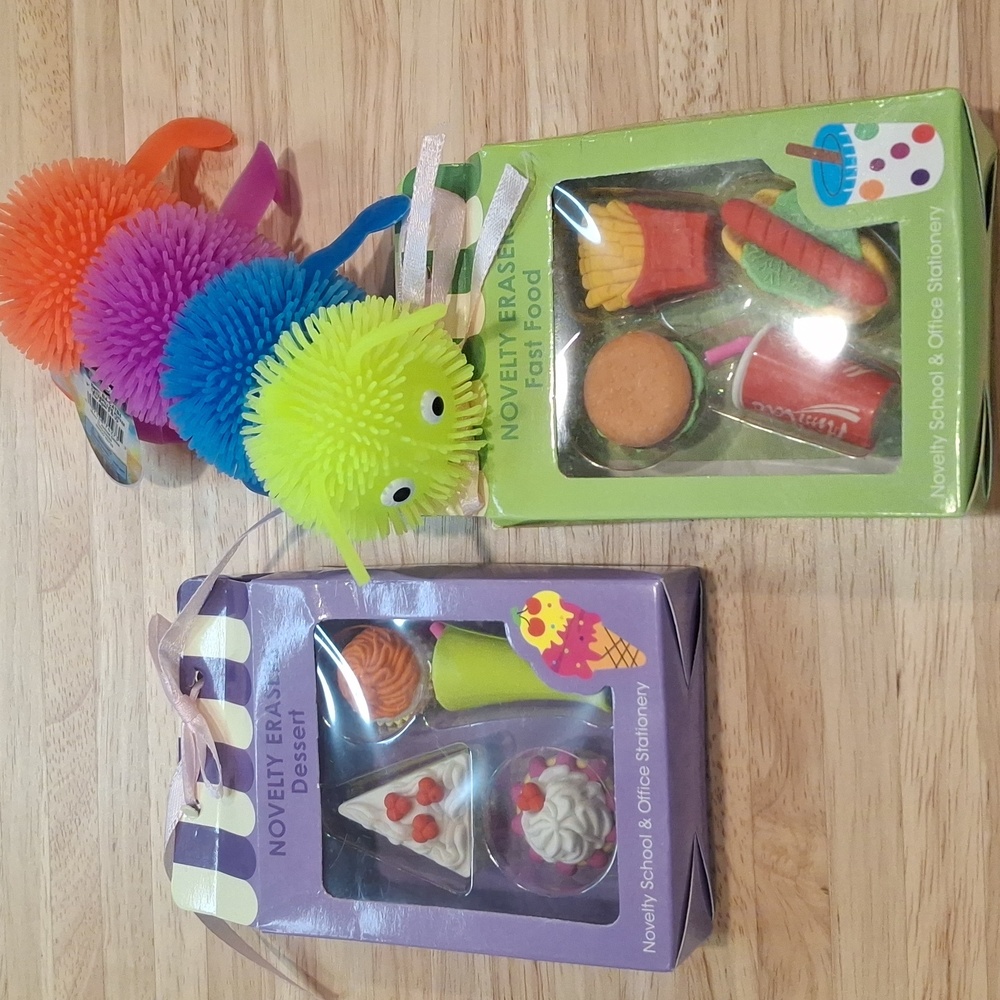 Colorful Novelty Erasers Set with Sensory Caterpillar Toy
